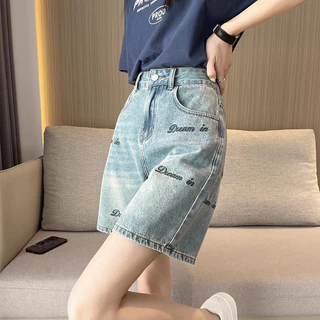 Quần jeans đùi nữ denim Hàn chữ thêu, quần sooc jeans nữ xanh mùa hè 2024