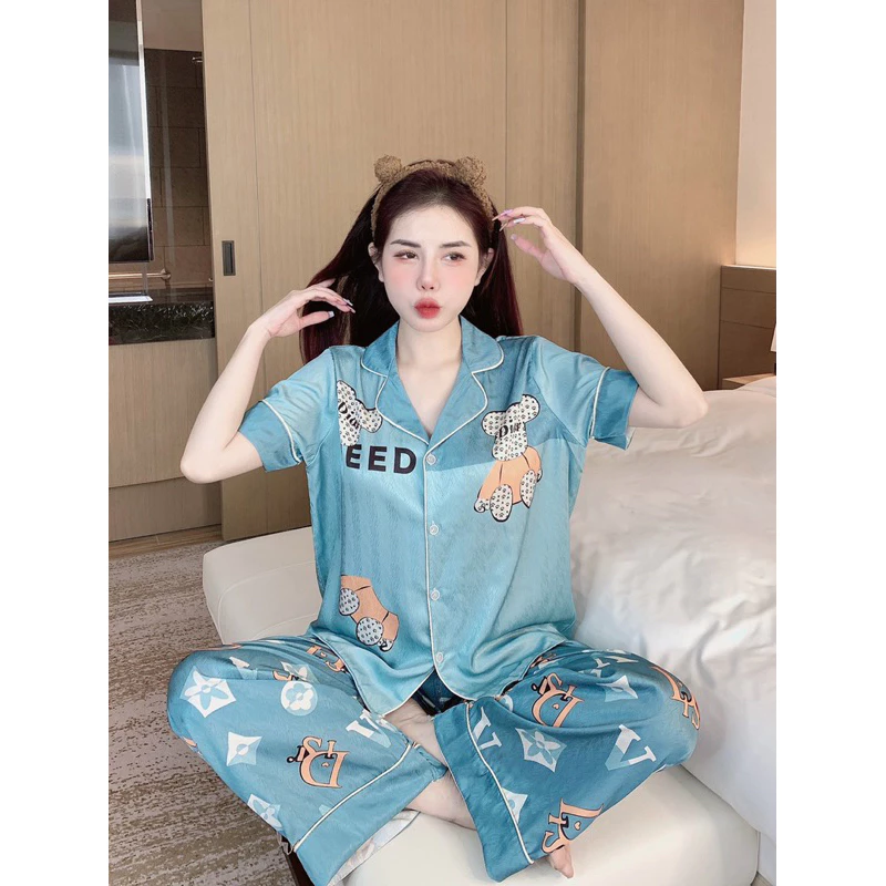 Bộ ngủ mặc nhà pijama gấu xanh lụa xước mát