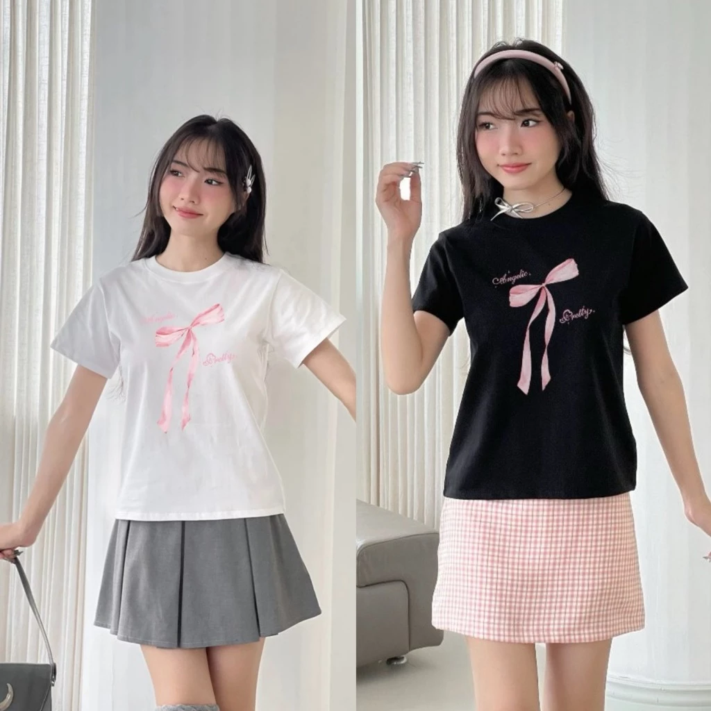 Áo thun babytee nữ nhiều màu tay ngắn cổ tròn in hình nơ hồng - 247store.vn -  Aothun24409_P2K1