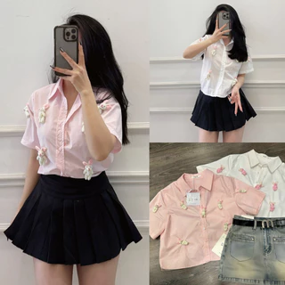 Áo sơ mi nữ ngắn tay croptop đính thỏ, áo kiểu nữ sơmi dáng ngắn style Hàn Quốc màu pastel A280