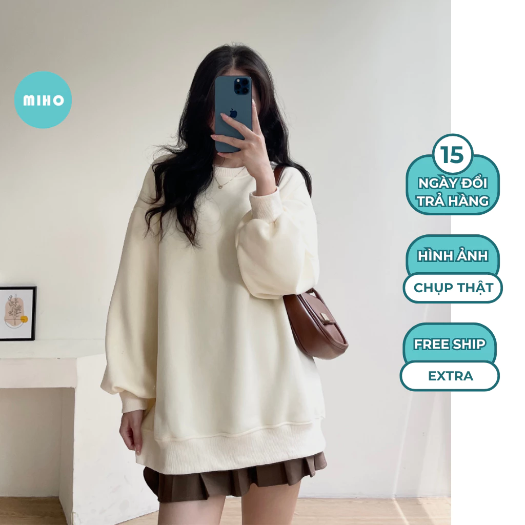 Áo sweater nỉ hàn cổ tròn mềm mịn, siêu ấm mềm mịn Miho House