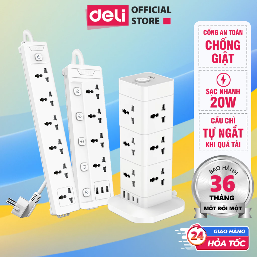 [HỎA TỐC] Ổ Cắm Điện Đa Năng 2500W DELI Cổng Type C USB Sạc Nhanh PD 20W Cầu Chì Tự Ngắt ,Dây 2-5M