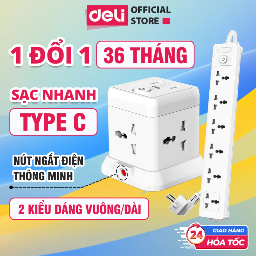 Ổ Cắm Điện Đa Năng Deli Ổ Cắm Vuông Cổng USB & TypeC Sạc Nhanh PD20W Cầu Chì Tự Ngắt Khi Quá Tải, Nắp Chống Giật An Toàn