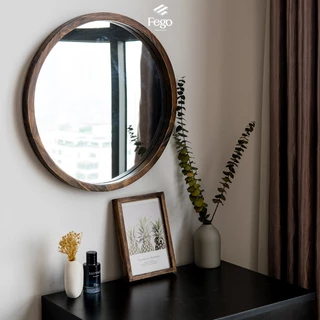 Gương tròn treo tường viền gỗ tự nhiên FEGO dành cho bàn trang điểm, decor phòng tắm và phòng ngủ