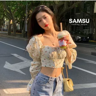 Áo croptop hoa nhí nữ tay bồng dài cổ vuông phong cách Hàn Quốc có mút ngực dày dặn samsu.clothing_saigon