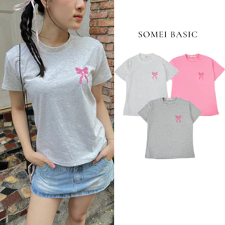 Áo thun nữ thêu nơ dáng baby tee cổ tròn ngắn tay chất cotton mỏng thoáng mát mùa hè