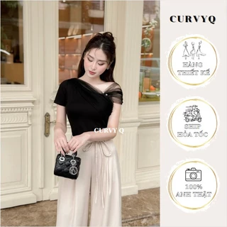 bst9 Áo Lệch Vai Phối Lưới Cài Ngọc Thời Trang Thiết Kế Nữ CurvyQ