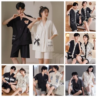 Bộ đồ ngủ pyjama cotton Hàn cao cấp nam nữ đồ mặc nhà pijama vải trơn mát đồ bộ đôi couple