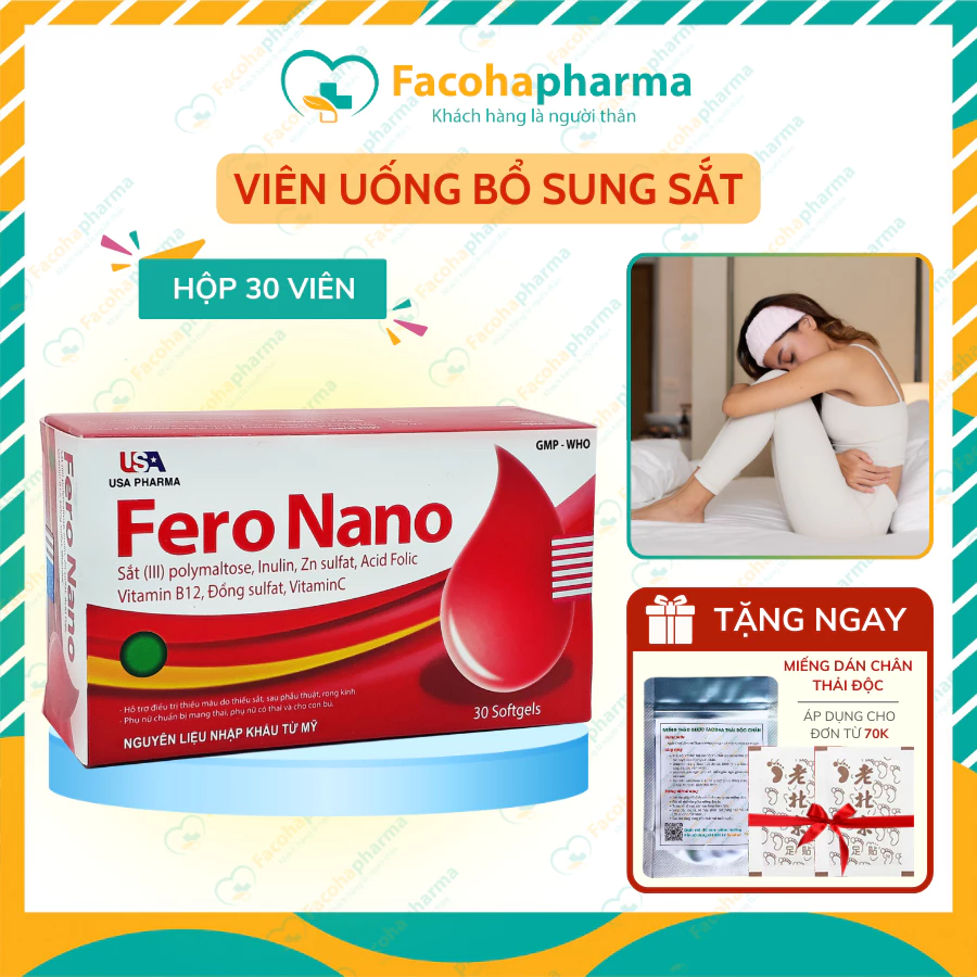 Bổ sung sắt Fero nano inulin vitamin B12 C bồ công anh hỗ trợ giảm rong kinh thiếu máu hiệu quả Hộp 30 Viên TPN7.2