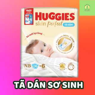 Tã/bỉm DÁN sơ sinh Huggies Skin PerfectNB 70+6 miếng với 2 vùng thấm giảm kích ứng da