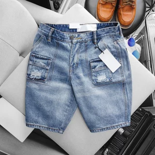 Quần short jean ngố nam túi hộp chất  bò cao cấp màu xanh bạc trên gối ôm slimfit VNXK