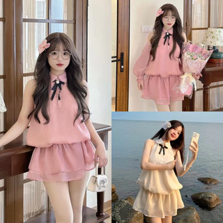 [SHYNCLOSET] Áo cổ yếm tơ đính tay nơ (tay tháo rời) mặc được 2 kiểu chất tơ hàn cao cấp M-CS01