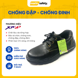 Giày bảo hộ lao động thương hiệu XP giá rẻ chỉ trắng, chỉ vàng màu đen, mũi sắt và đế chống đinh