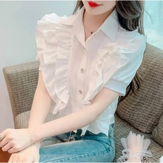 Sơ mi vải tua mềm cổ v siêu hót_23241 Top Áo Nữ Women Shirt