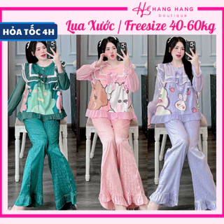 Bộ đồ ngủ cỡ nhỏ 40-60kg, đồ bộ nữ pijama dài tay voan cổ nhún bèo lụa xước, đồ ngủ lụa tiểu thư mặc nhà cute dễ thương