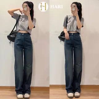 Quần jeans nữ Hari ống rộng cạp cao màu ánh rêu Q900 P0K43