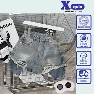 Quần short jeans nữ ống rộng túi lồi ránh lai Xquin, Quần đùi nữ lưng cao kiểu rách tua rua phong cách Hàn Quốc