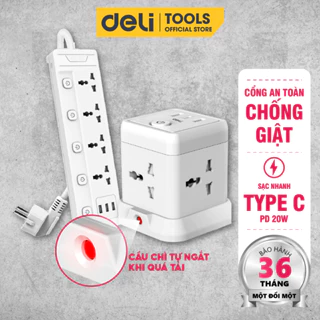 Ổ Cắm Điện Đa Năng Deli Ổ Cắm Vuông Dẹt USB TypeC Sạc Nhanh PD20W Cầu Chì Tự Ngắt Khi Quá Tải Công Suất 2500W An Toàn