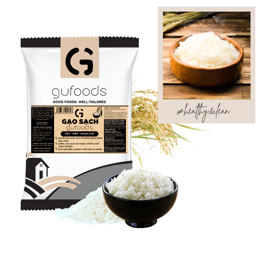 Gạo sạch GUfoods (túi 1kg) - Đài thơm / Japonica hữu cơ - Dẻo mềm, Thơm nhẹ, Ngon cơm