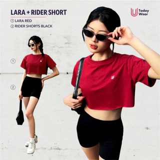 Bộ đồ thể thao nữ tập gym yoga áo Lara đỏ mix quần Rider đen Today U Wear