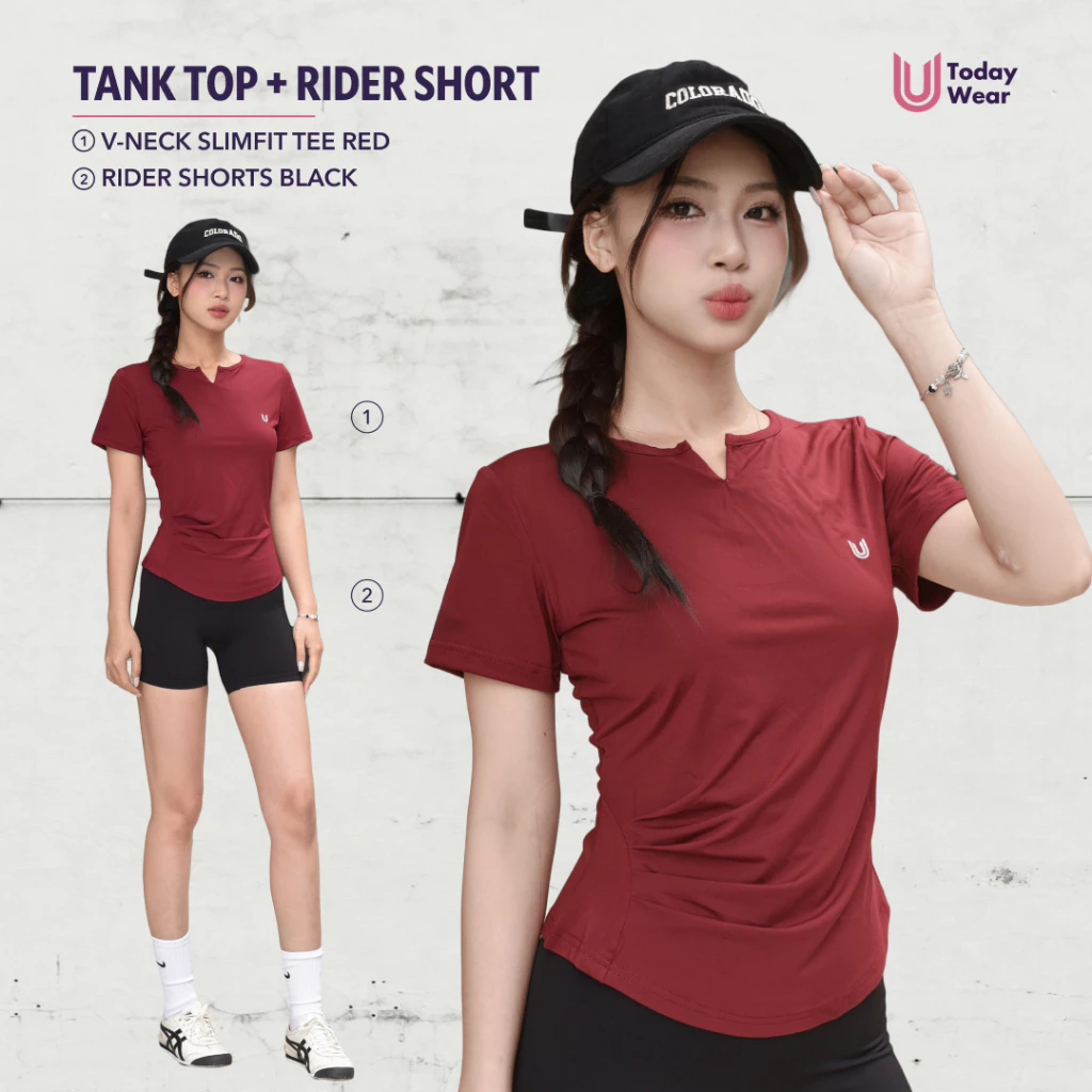 Bộ đồ thể thao nữ tập gym yoga áo Slimfit đỏ mix quần Rider đen Today U Wear