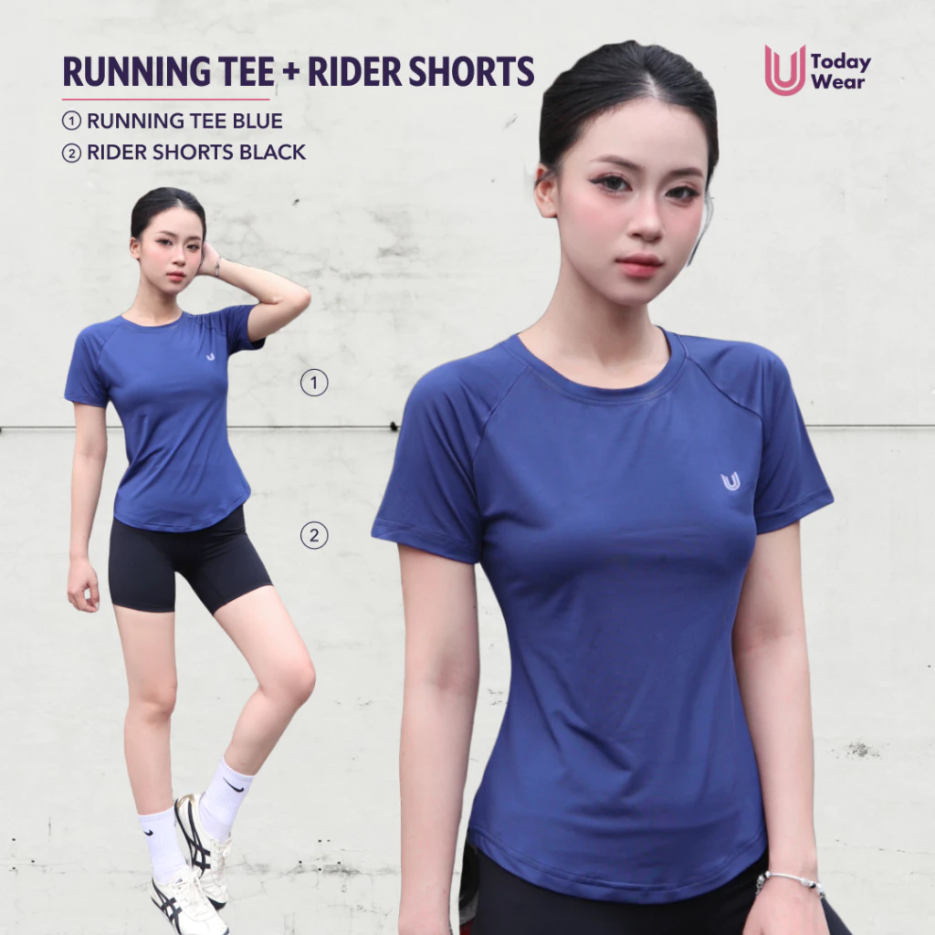 Bộ đồ thể thao nữ tập gym yoga áo Running Tee xanh mix quần Rider đen Today U Wear