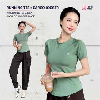 Bộ đồ thể thao nữ tập gym yoga áo Running Tee xanh rêu mix quần Cargo Jogger đen Today U Wear