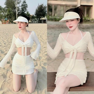 Set đồ đi biển 3 món áo croptop kèm khoác form ngắn dài tay mix chân váy ren có lót sexy quyến dũ [898]