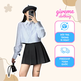 Áo sơ mi dạng croptop sọc xanh phong cách Hàn Quốc phối cổ bẻ kèm khuy cài xinh xắn Giveme.clothing_saigon