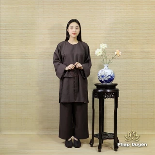 Bộ Quần Áo Vạt Hò Pháp Phục Phật Tử Nam Nữ Đi Lễ Chùa, Vải Cotton Poly 65/35 Màu Nâu Đen