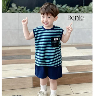 Bộ ba lỗ Bernie design kẻ cho bé trai, bộ sát nách kẻ phối túi lưới chất liệu cotton cho bé 9-23kg