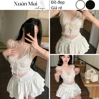 [FREESHIP] Set áo hai dây + quần đùi phối ren chất cotton co giãn ba màu siêu xinh và thoải mái