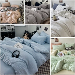 Ngoc Anh bedding/Set Chăn Ga Đũi Nhăn Hàn Quốc Basic, Vỏ Chăn Có Khoá Kéo Có Thể Lồng Thêm Ruột