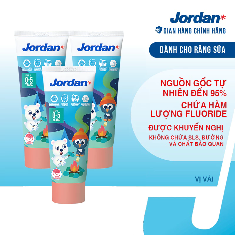 [Combo 3 tuýp] Kem đánh răng cho trẻ em 0-5 tuổi vị vải Jordan Step 1, 75g/tuýp