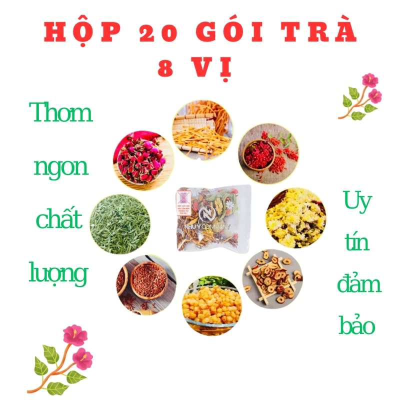 Hộp 20 Gói Trà Đông Trùng Hạ Thảo 8 Vị - Dưỡng Nhan - An Thần - Tăng Sức Đề Kháng