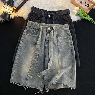 Quần short denim nam viền mỏng mùa hè rách gấu phong cách retro, quần đùi bò jean nam basic ống rộng thiết kế