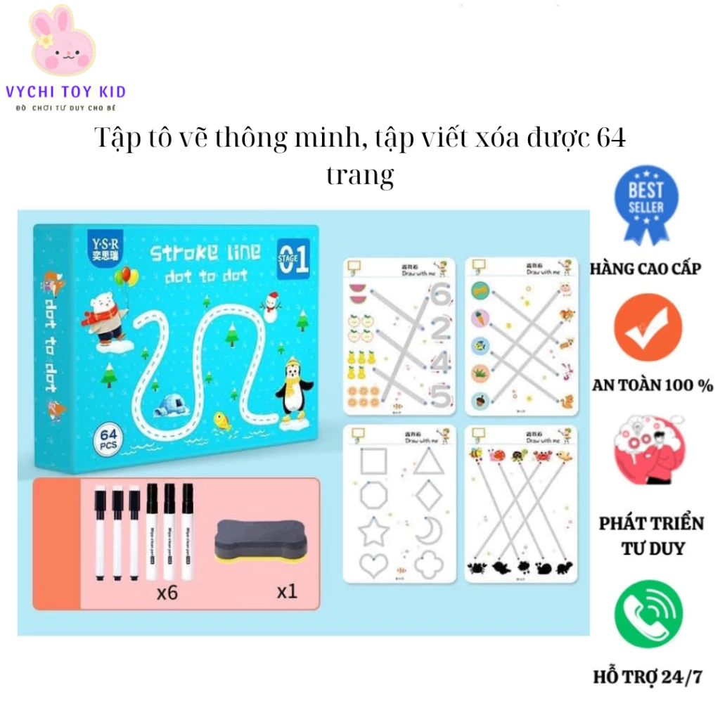 Tập tô vẽ thông minh, tập viết xóa được 64 trang - Đồ chơi Giáo dục toàn diện Montessori cho bé từ 2-3-4-5 tuổi