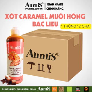 Thùng Sốt Caramel Muối Hồng Bạc Liêu AUMIS Làm Cà Phê, Latte, Trà Sữa Chai 640gr