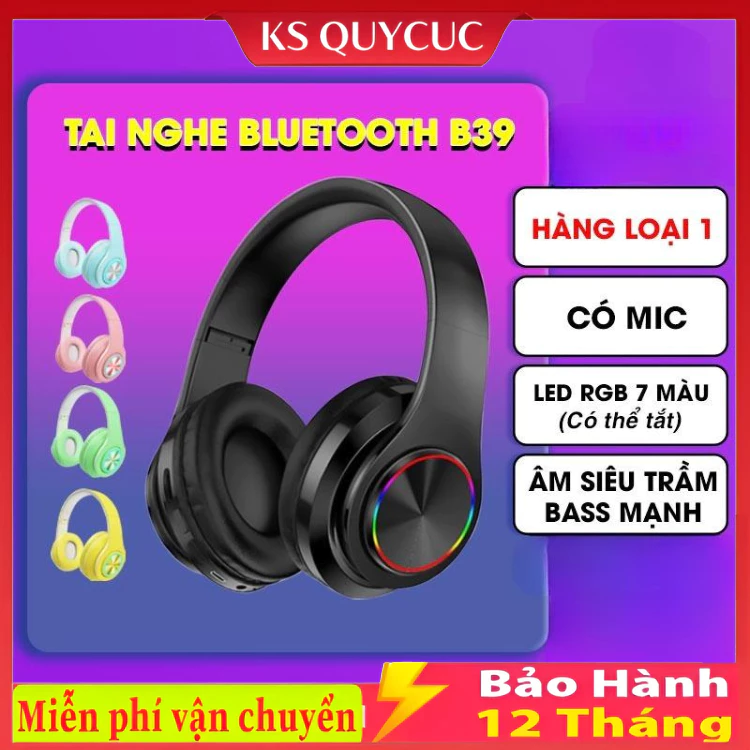Tai nghe Gaming bluetooth chụp tai Led B39 - bluetooth 5.0 tặng kèm jack cắm PC, Bảo Hành 12 Tháng