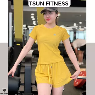 Bộ đùi tập gym nữ cộc tay chất thun lạnh cao cấp, bộ đồ thể thao nữ quần đùi 2 lớp hàng quảng châu Tsun Fitness
