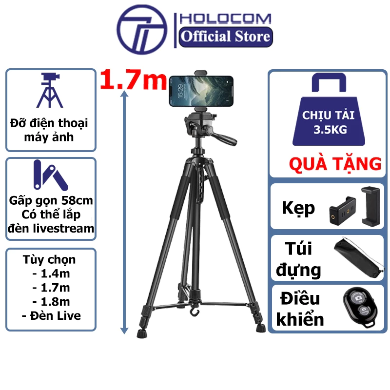 Tripod Điện Thoại Kiêm Chân Máy Ảnh 360 Độ 3 Chân Đa Năng, Điều Chỉnh Cao Thấp, Thiết Kế Chắc Chắn Cao 170cm