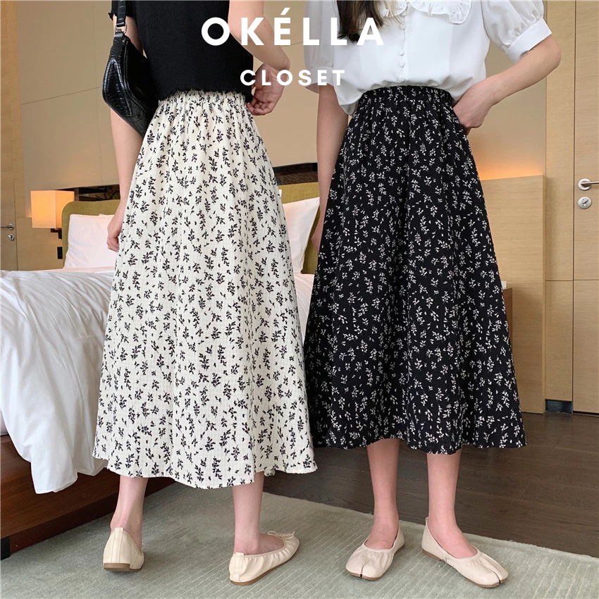Chân váy hoa Vintage chiffon hàng loại đẹp dày dặn 2 lớp-Chân váy hoa nhí dáng dài Okella CV008 (có ảnh thật shop chụp)