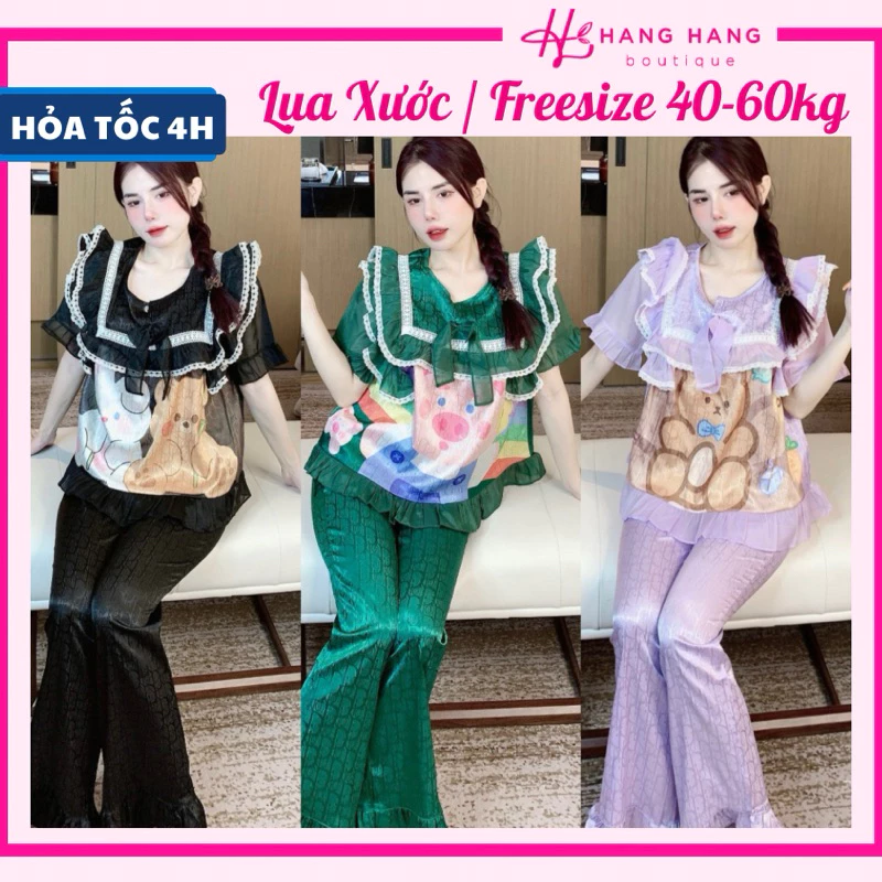 Bộ đồ ngủ cỡ nhỏ 40-60kg, đồ bộ nữ pijama dài cộc tay voan cổ nhún bèo lụa xước, đồ ngủ lụa tiểu thư mặc nhà dễ thương