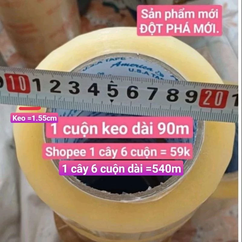 Băng keo, băng dính trong, vàng đục 4.8cm _90m/cuộn 1 cây 6 cuộn dài =540 mét