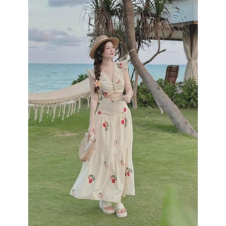 ANZIN Sét Váy Nữ Maxi Lụa Hoa Aó Cánh Tiên Croptop Nút Bọc Mix Chân Váy Dài Phong Cách Vintage Sang Chảnh