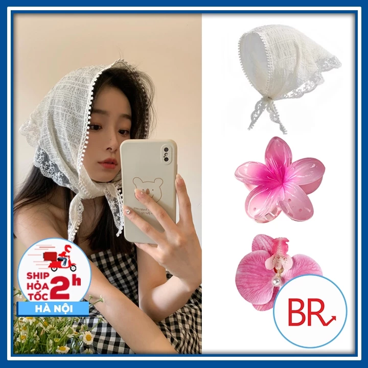 Khăn turban trùm đầu phối ren hoa trắng, băng đô buộc tóc đi biển hottrend Bandana Khăn voan lụa quàng cổ tam giác 02191