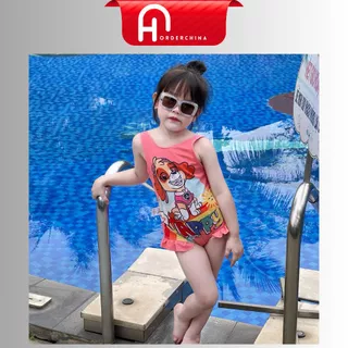 Bikini đồ bơi bé gái họa tiết chó cứu hộ tone hồng cam - HNOrderChina