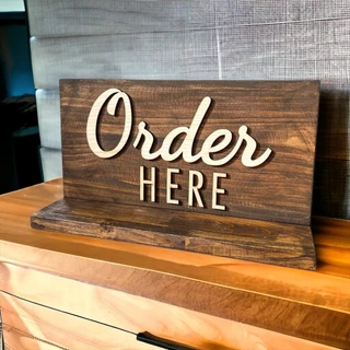 Bảng gỗ Order Here  Gọi Món Tại Đây có đế, dây treo bằng gỗ tại quán ăn, nhà hàng, quán cafe trà sữa