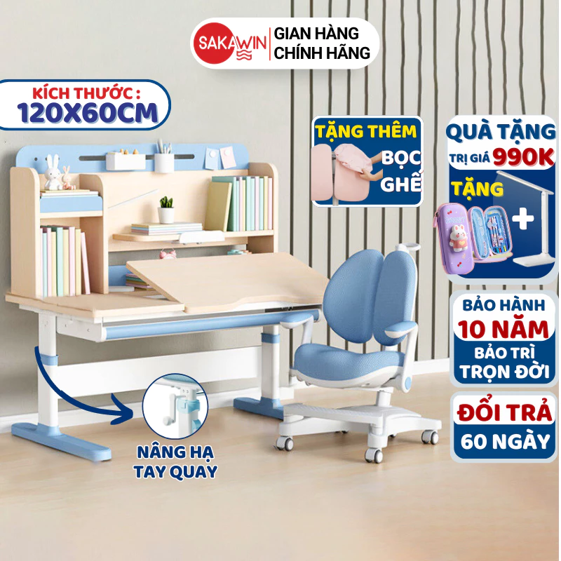 Bộ bàn học chống gù cao cấp Sakawin SO04, Bàn học thông minh cho bé, Thiết kế hiện đại, Kích thước lớn 1m2