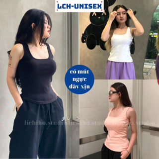 Áo thun ba lỗ cổ vuông trơn sát nách có mút ngực sexy áo hai dây bản to dáng dài basic form body tôn dáng LCH